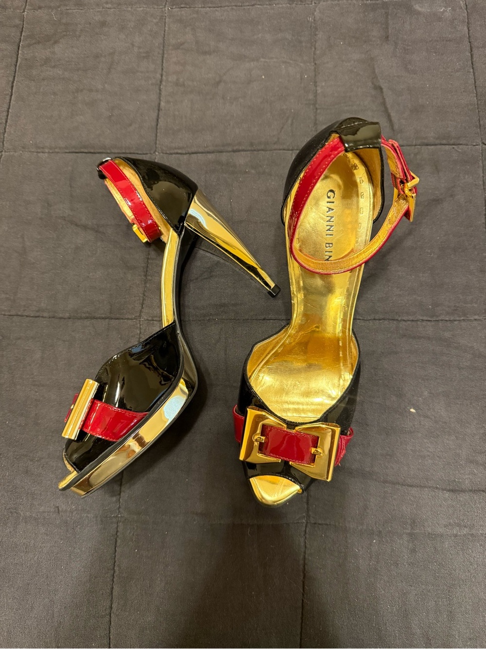 Gianni Bini Black and Red Patent Gold-Trim High Heel Sandals